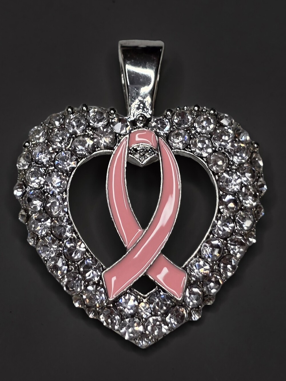Breast Cancer Awareness Pink Ribbon Faux Diamond Crystal Clip On Pendant Charm